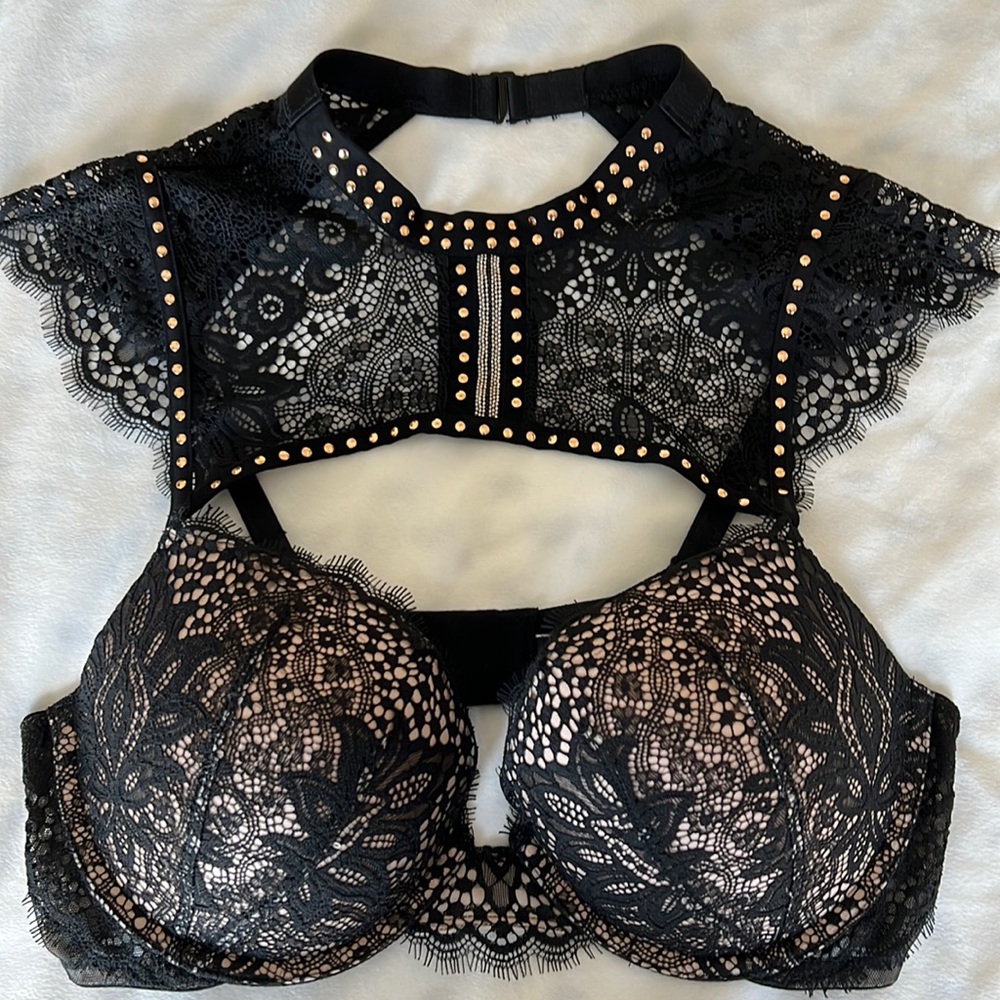 Victoria’s Secret Very Sexy Lace Push Up Bra with gold / silver studs (36C)